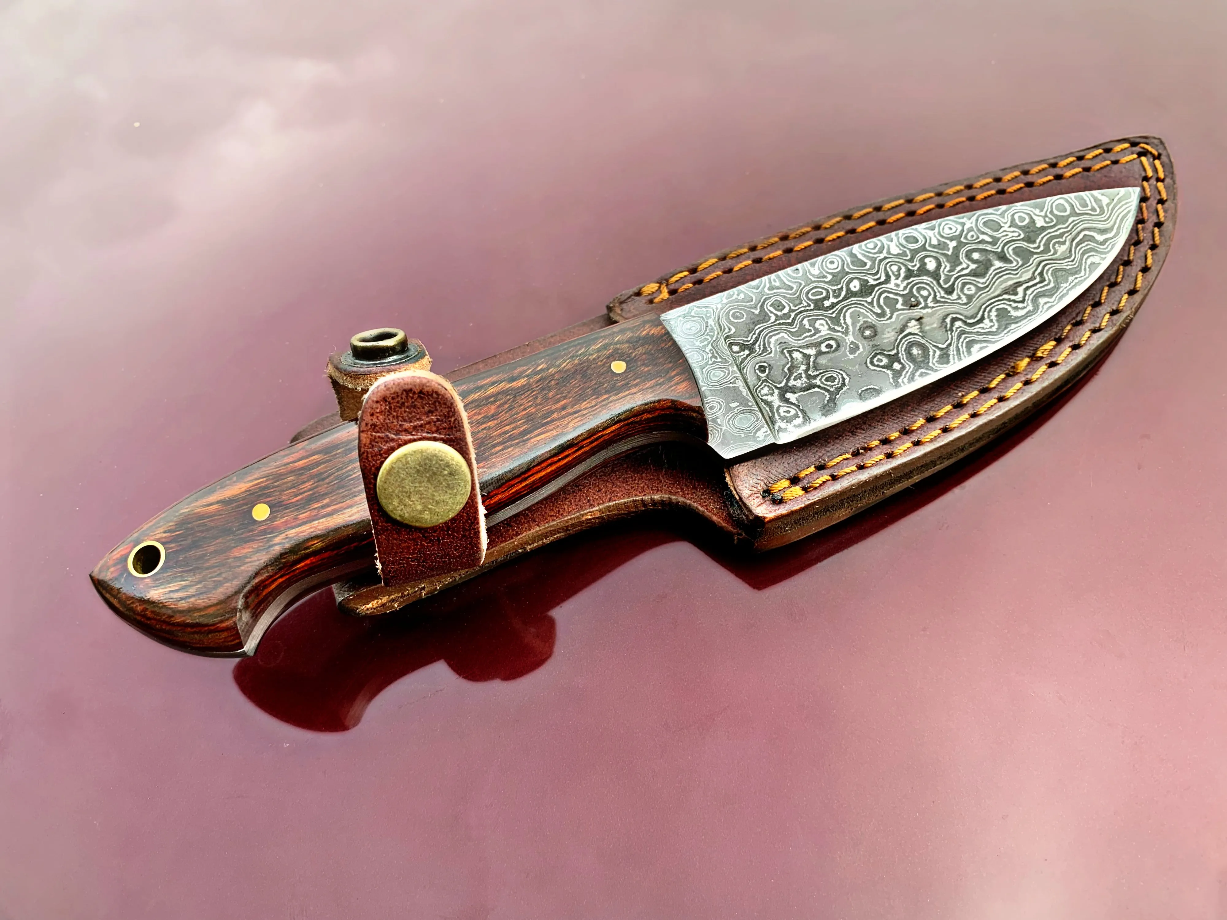 10"Inch Custom HandMade Forged Damascus Steel Hunting Bowie Knife Fixed Blade Diamond Wood Handle W/Leather Sheath Full Tang TD-420
