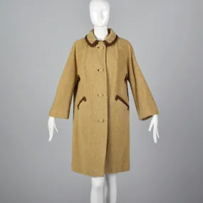 1950s Beige Tweed Coat with Brown Trim