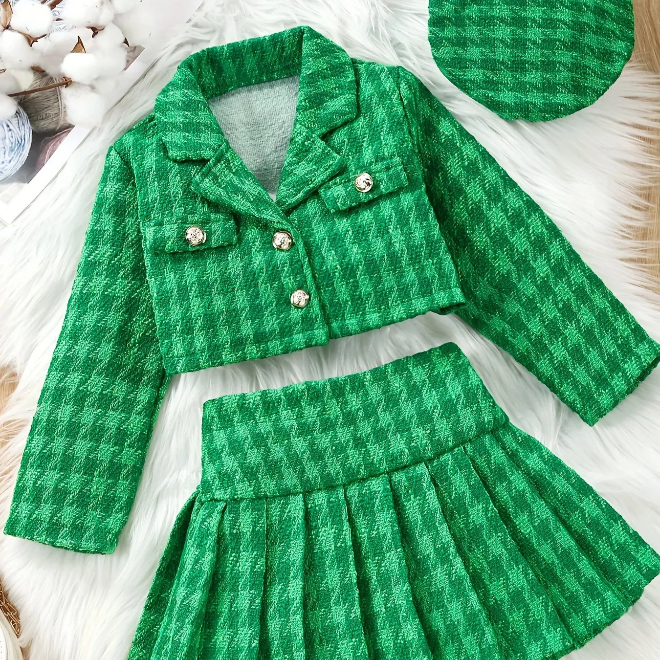 3-Piece Set, Girls Outfirt - Plaid Long Sleeve Blazer   Hat   Pleated Skirt
