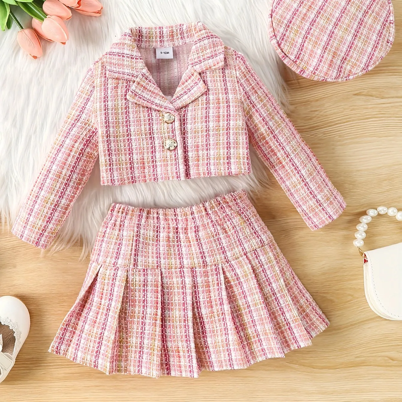 3-Piece Set, Girls Outfirt - Plaid Long Sleeve Blazer   Hat   Pleated Skirt