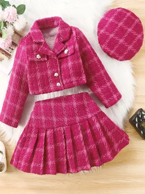 3-Piece Set, Girls Outfirt - Plaid Long Sleeve Blazer   Hat   Pleated Skirt