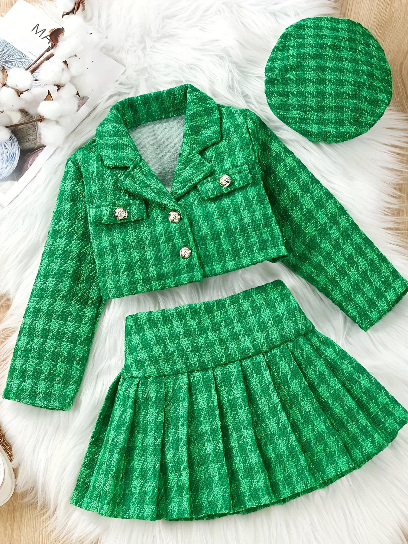 3-Piece Set, Girls Outfirt - Plaid Long Sleeve Blazer   Hat   Pleated Skirt