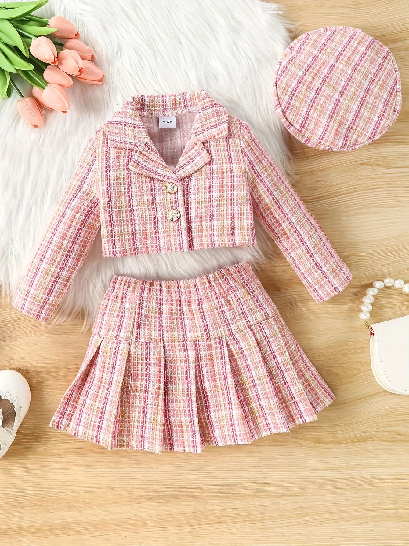 3-Piece Set, Girls Outfirt - Plaid Long Sleeve Blazer   Hat   Pleated Skirt
