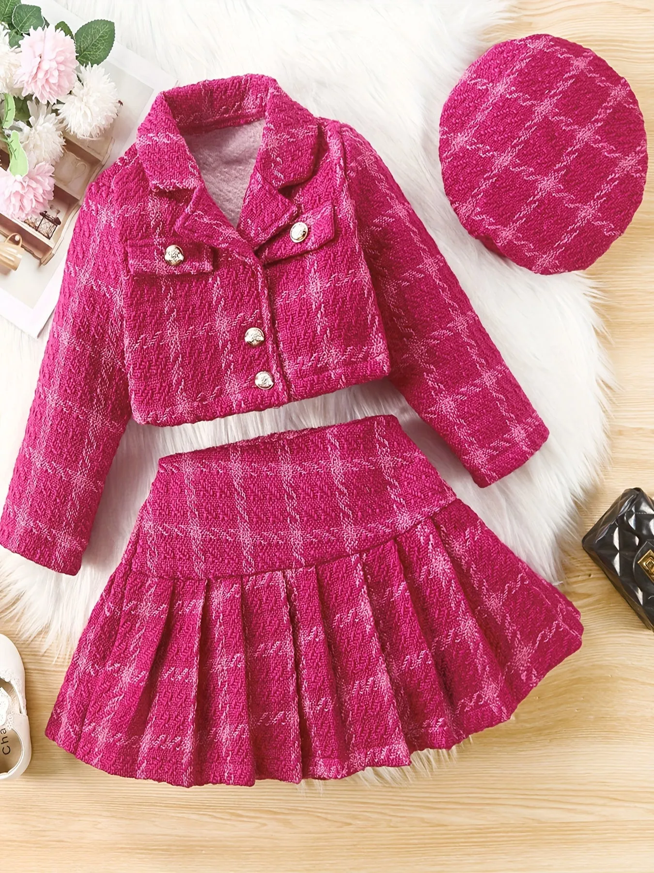 3-Piece Set, Girls Outfirt - Plaid Long Sleeve Blazer   Hat   Pleated Skirt