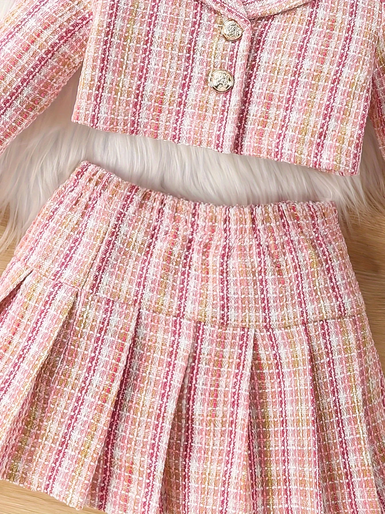 3-Piece Set, Girls Outfirt - Plaid Long Sleeve Blazer   Hat   Pleated Skirt
