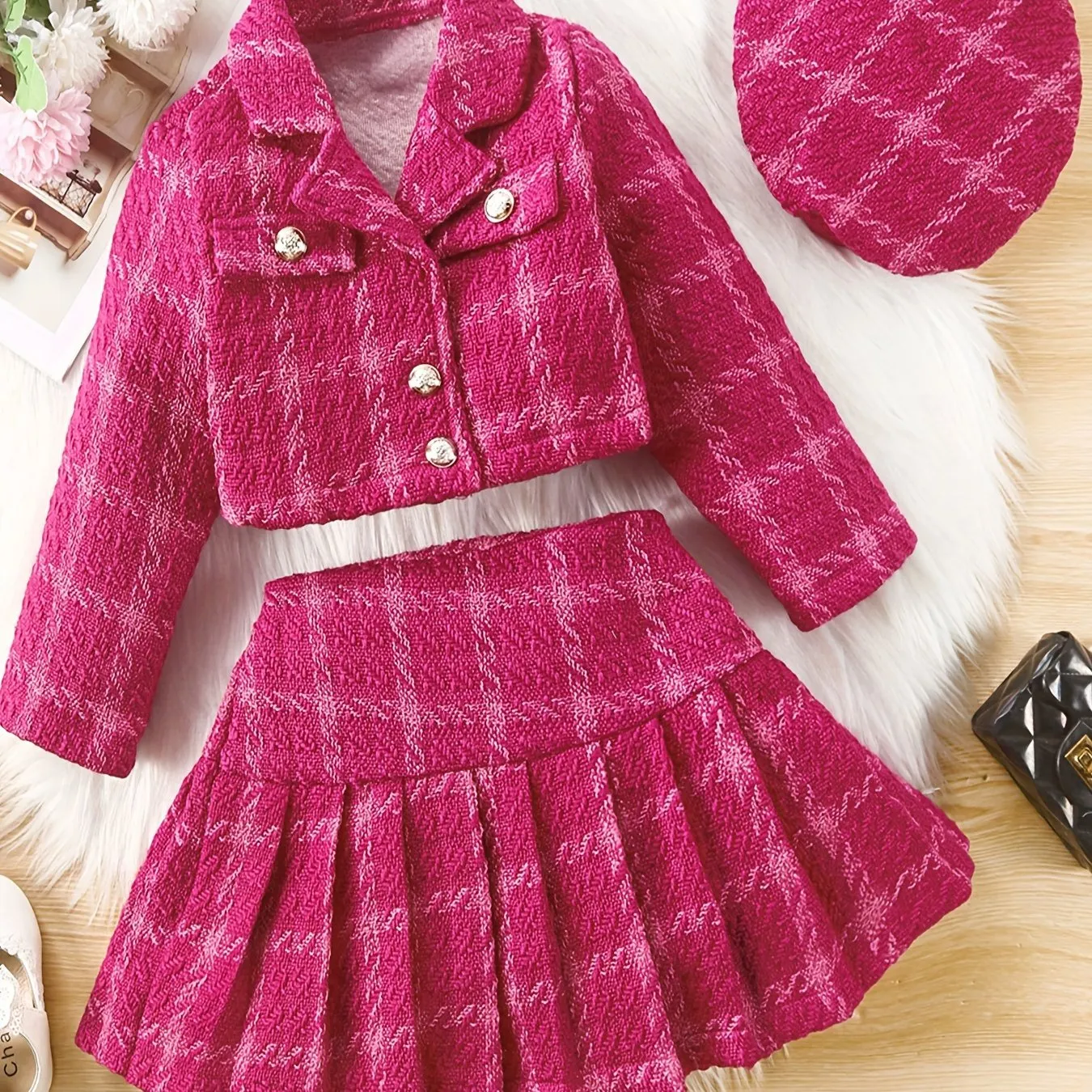3-Piece Set, Girls Outfirt - Plaid Long Sleeve Blazer   Hat   Pleated Skirt