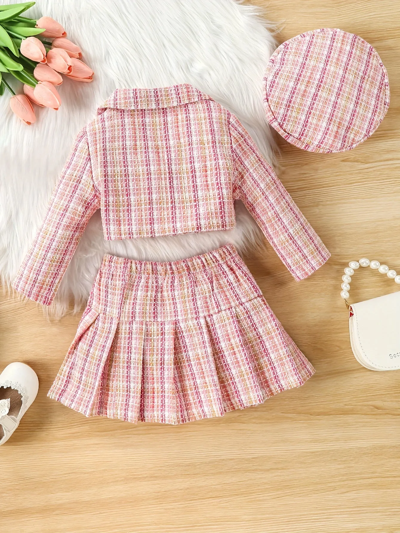 3-Piece Set, Girls Outfirt - Plaid Long Sleeve Blazer   Hat   Pleated Skirt
