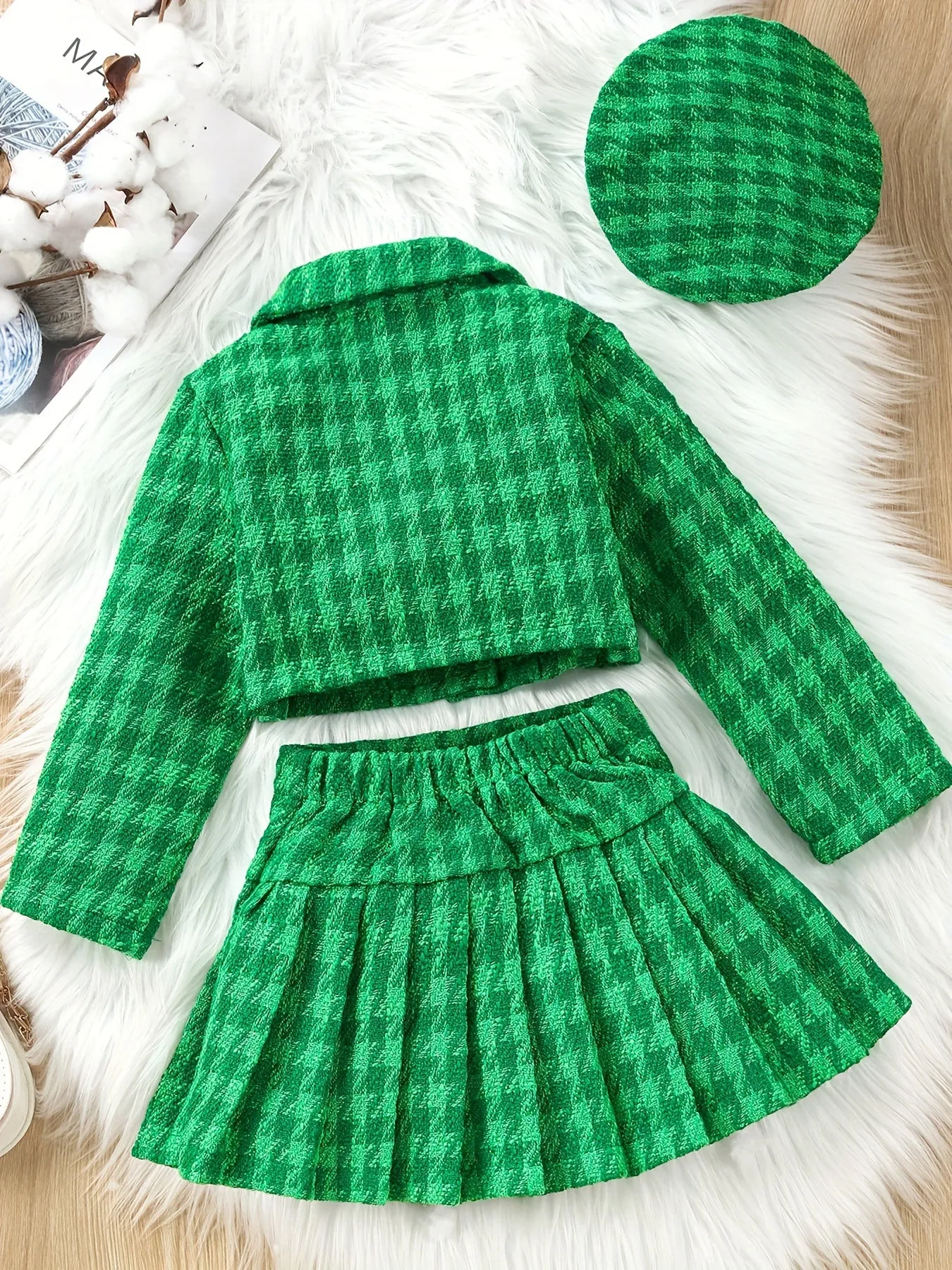 3-Piece Set, Girls Outfirt - Plaid Long Sleeve Blazer   Hat   Pleated Skirt