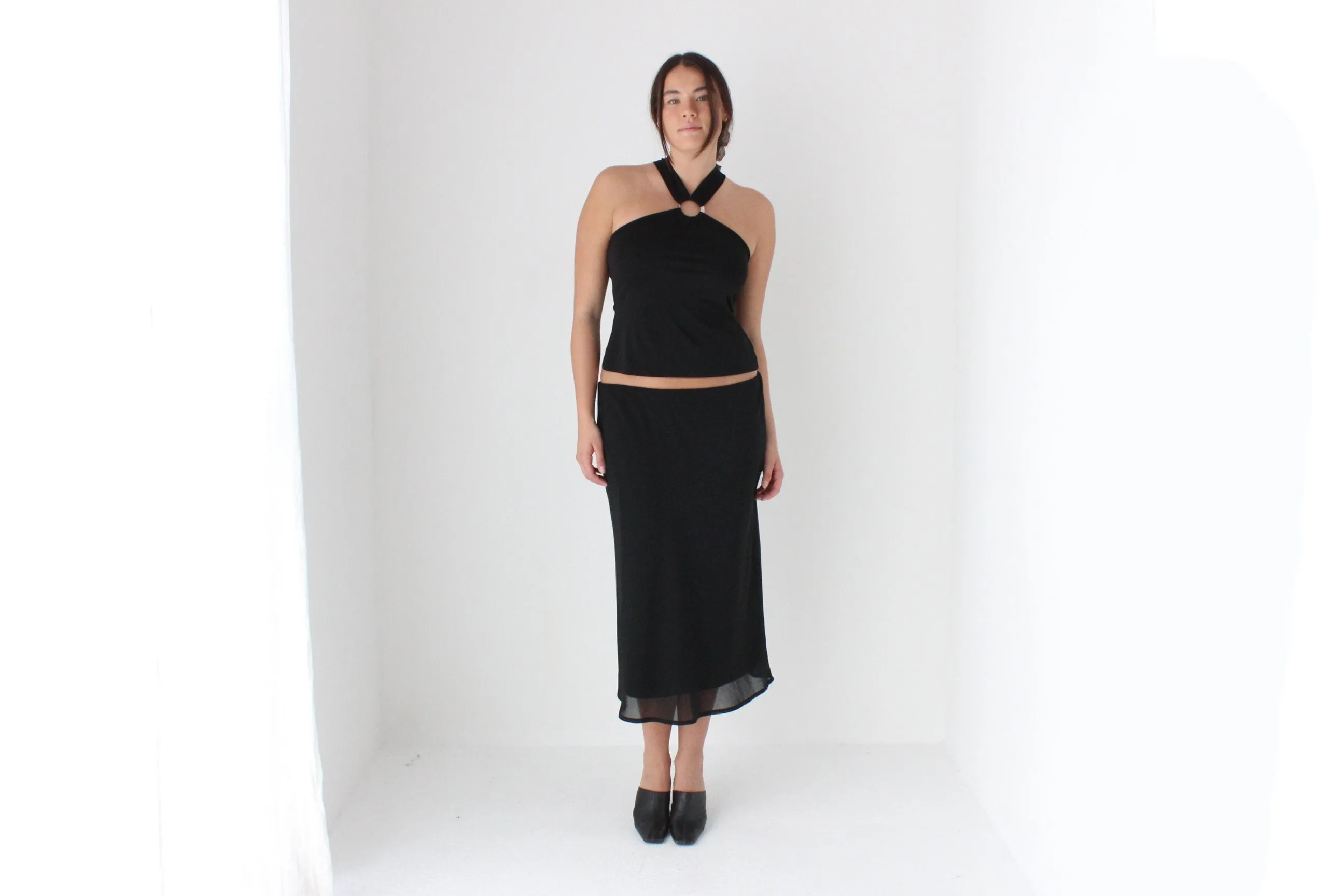 90s Minimal Layered Mesh Slip On Knee Length Skirt
