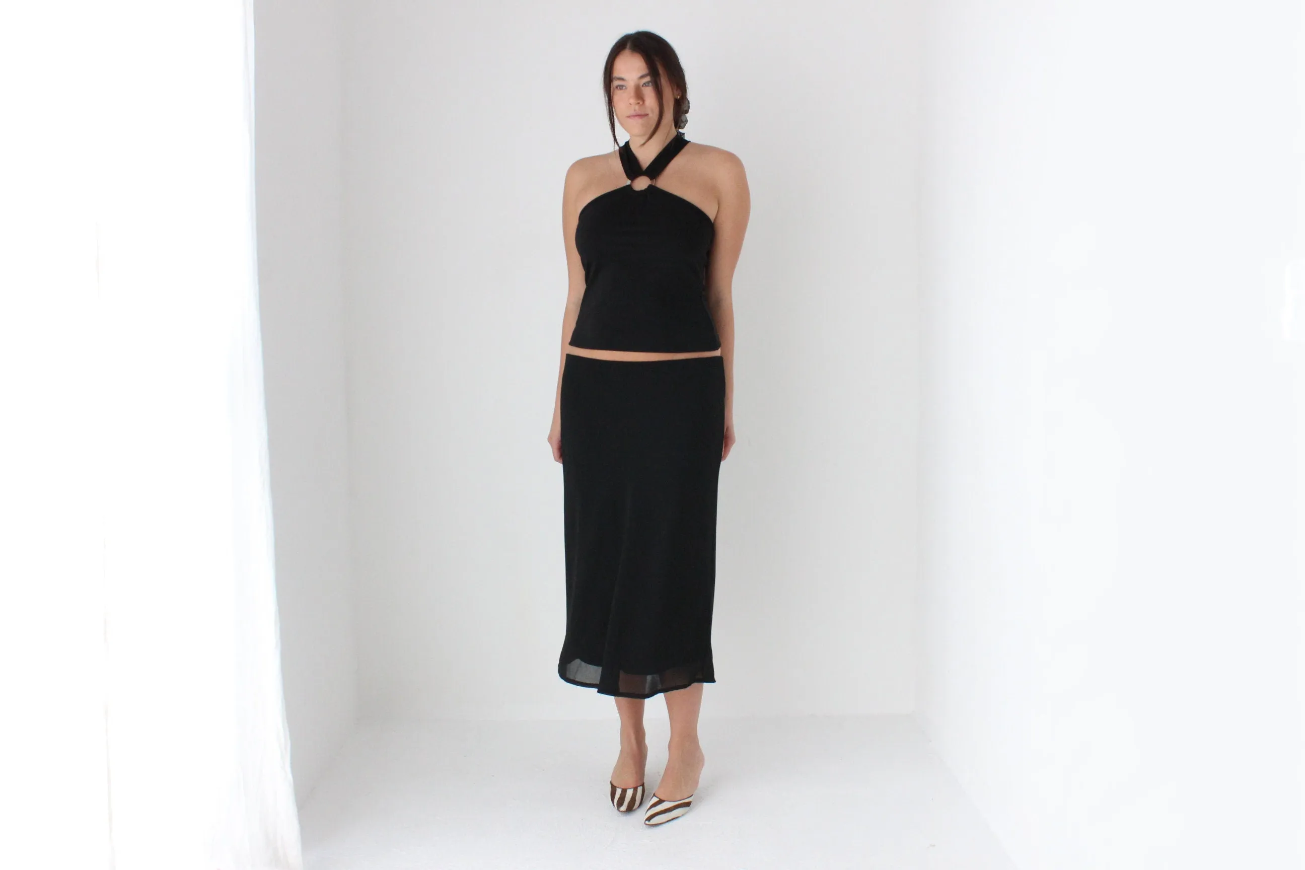 90s Minimal Layered Mesh Slip On Knee Length Skirt