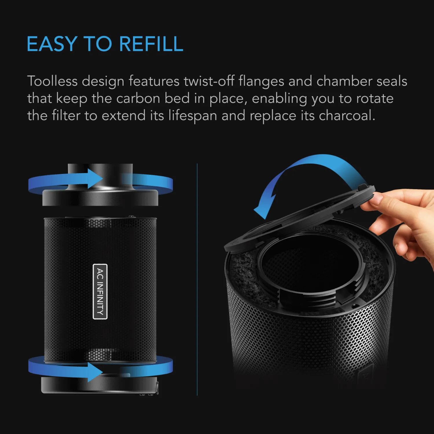 AC Infinity Refillable Carbon Filter Kit, with Charcoal Refill, 4-Inch