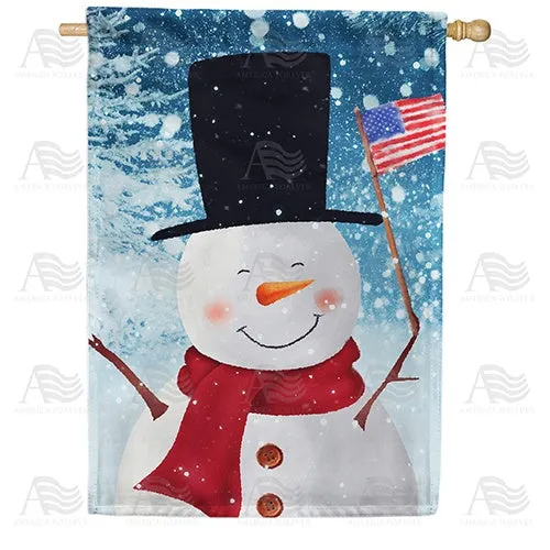 America Flag Waving Snowman Double Sided House Flag