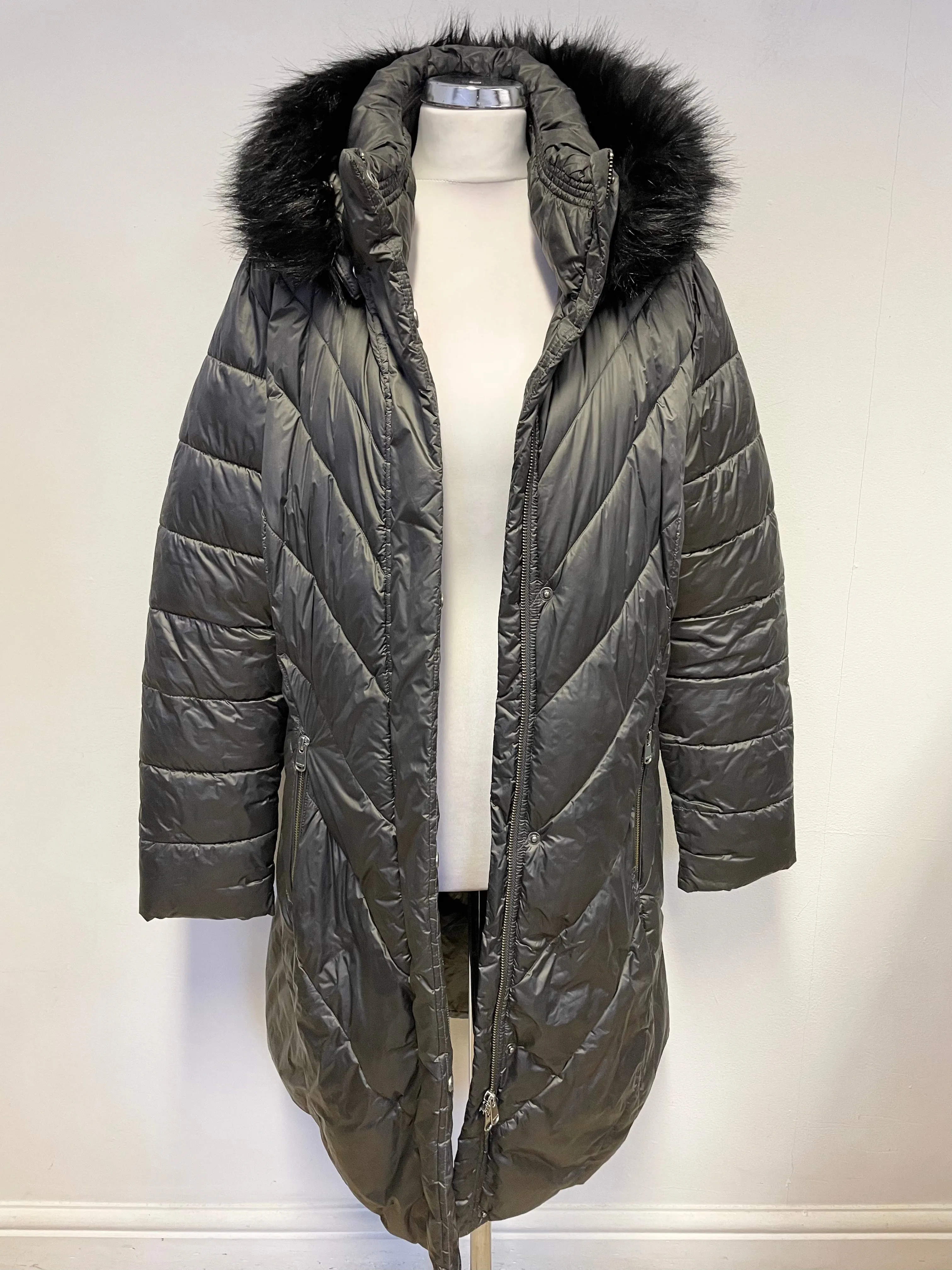 BARBOUR REESDALE CHARCOAL FUR TRIM HOODED QUILTED PADDED LIGHTWEIGHT COAT SIZE 16