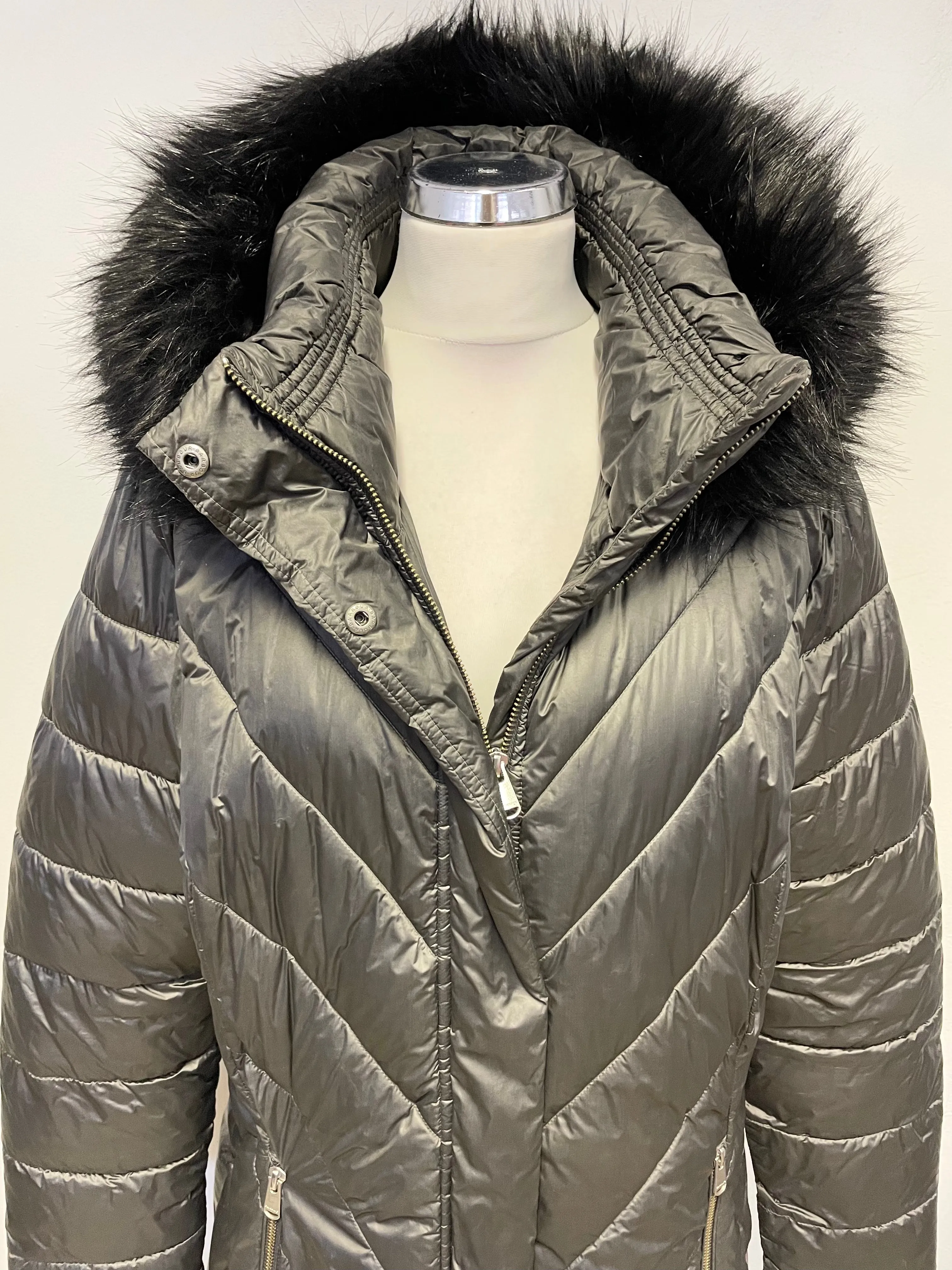 BARBOUR REESDALE CHARCOAL FUR TRIM HOODED QUILTED PADDED LIGHTWEIGHT COAT SIZE 16