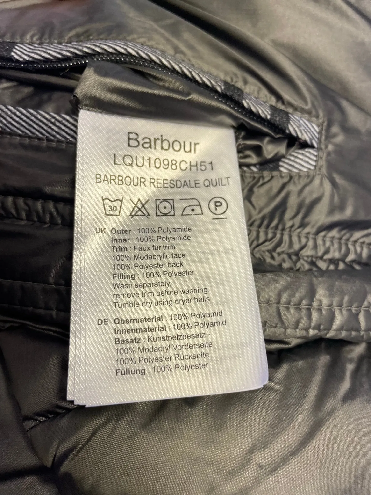 BARBOUR REESDALE CHARCOAL FUR TRIM HOODED QUILTED PADDED LIGHTWEIGHT COAT SIZE 16