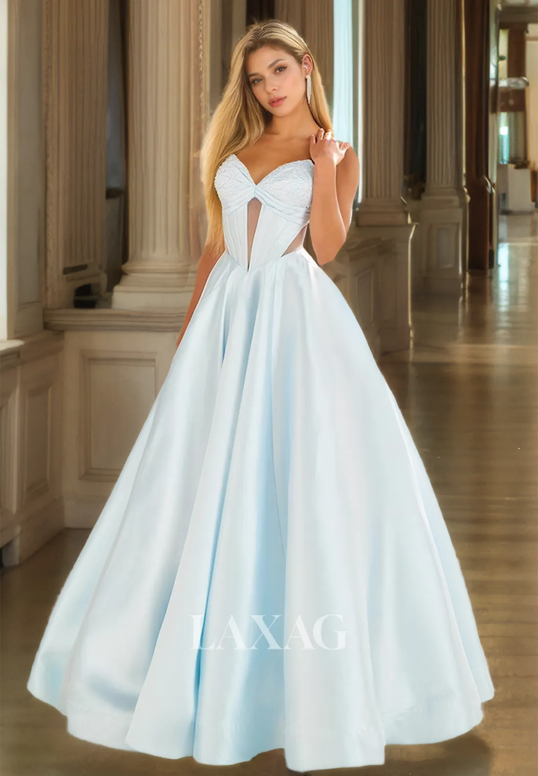 Beaded Sweetheart Off-Shoulder Cutout Formal Gowns Sleeveless Pleated Floor-Length A-Line Prom Dress