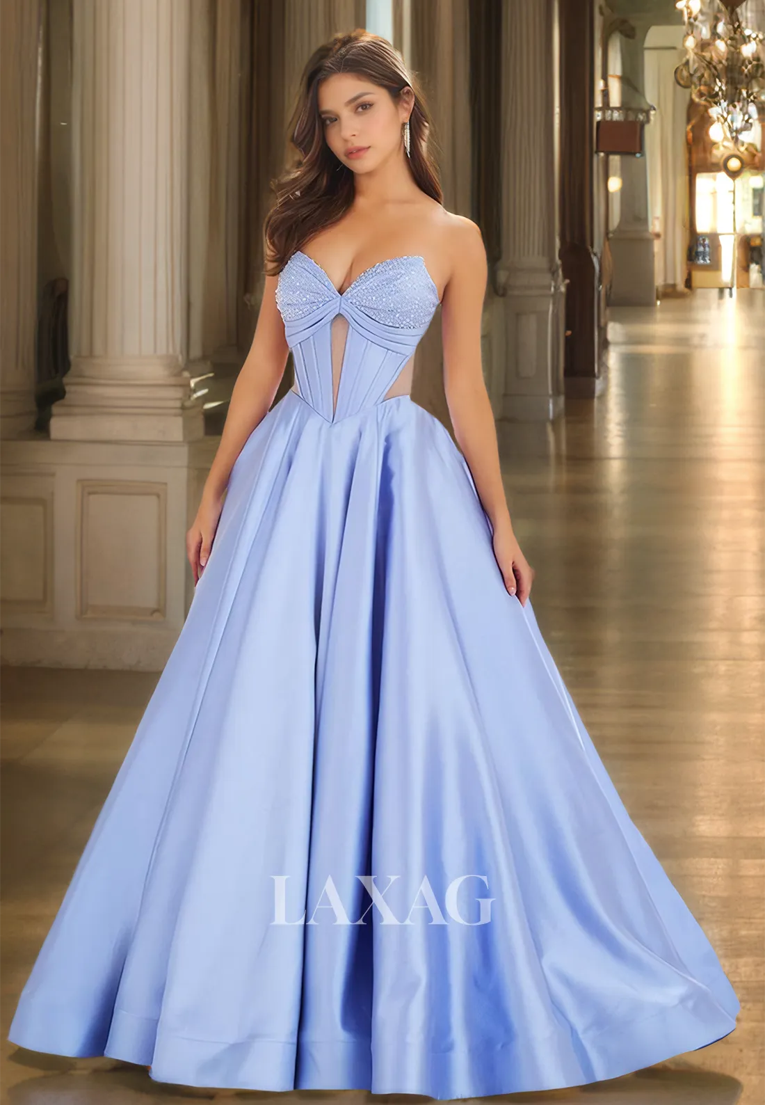 Beaded Sweetheart Off-Shoulder Cutout Formal Gowns Sleeveless Pleated Floor-Length A-Line Prom Dress