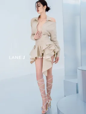 Beige Autumn new long-sleeved ruffled waist up and down suits- Delia
