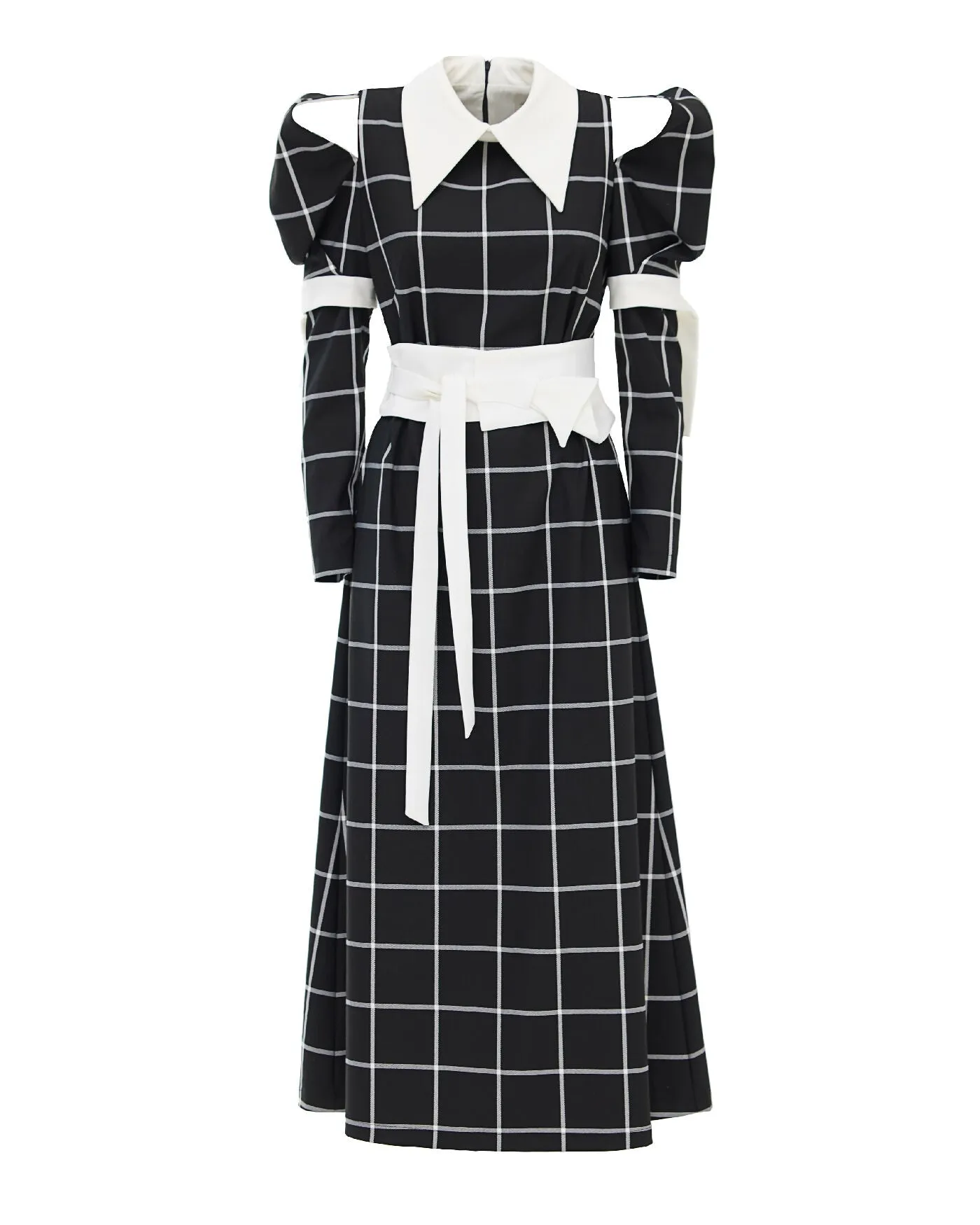Black Stylish Cold Shoulder Long Sleeve Plaid Dress With Belt
