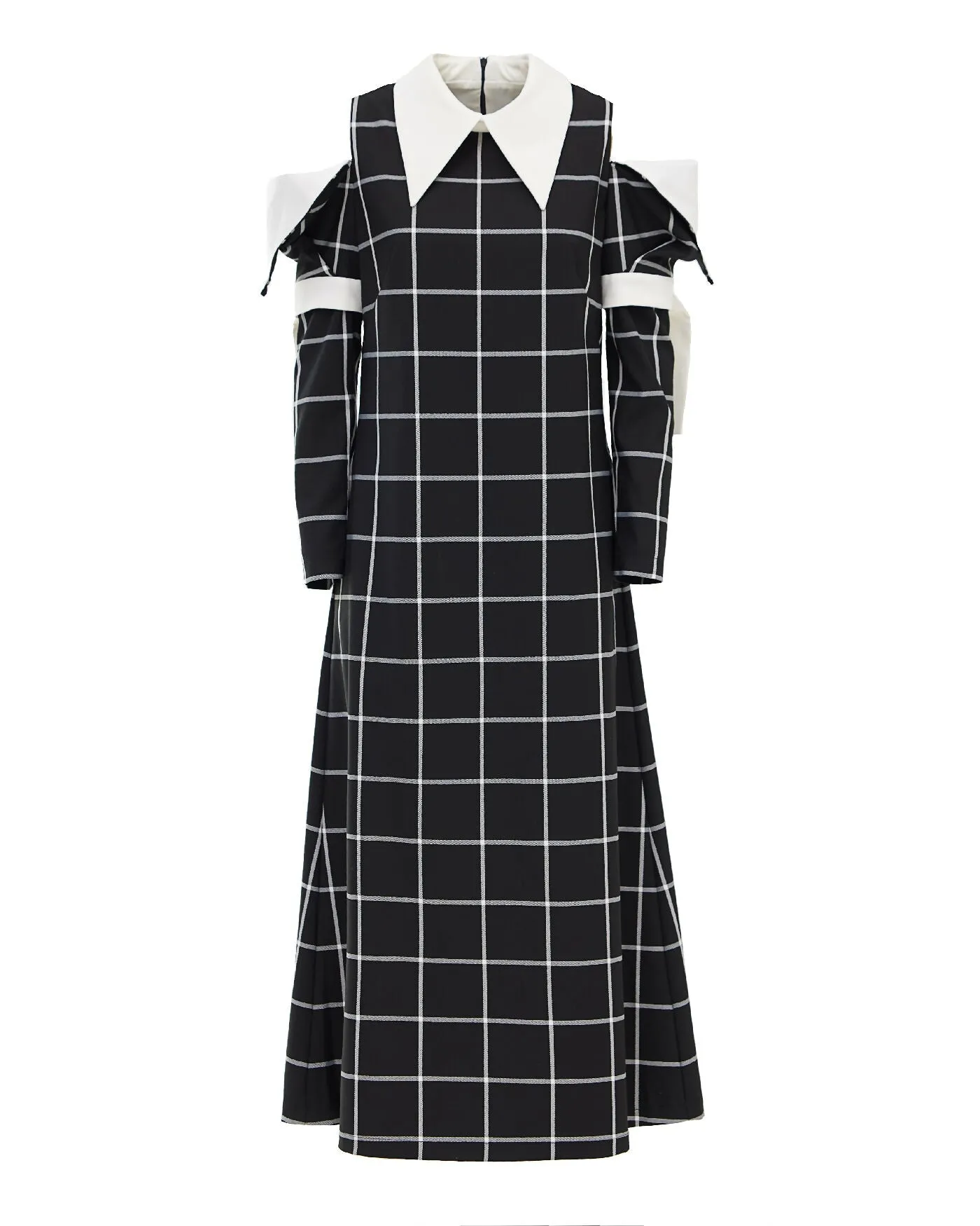 Black Stylish Cold Shoulder Long Sleeve Plaid Dress With Belt