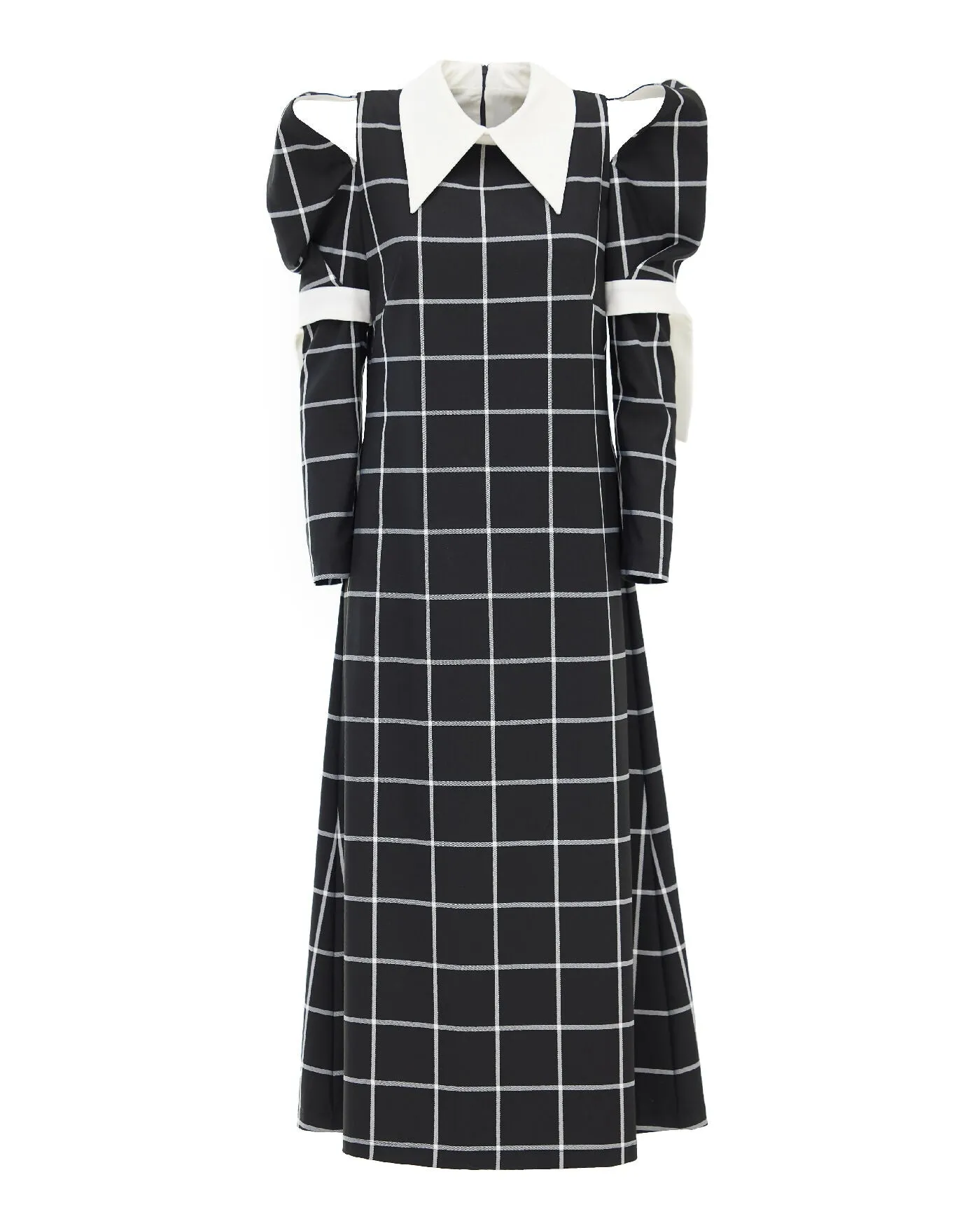 Black Stylish Cold Shoulder Long Sleeve Plaid Dress With Belt