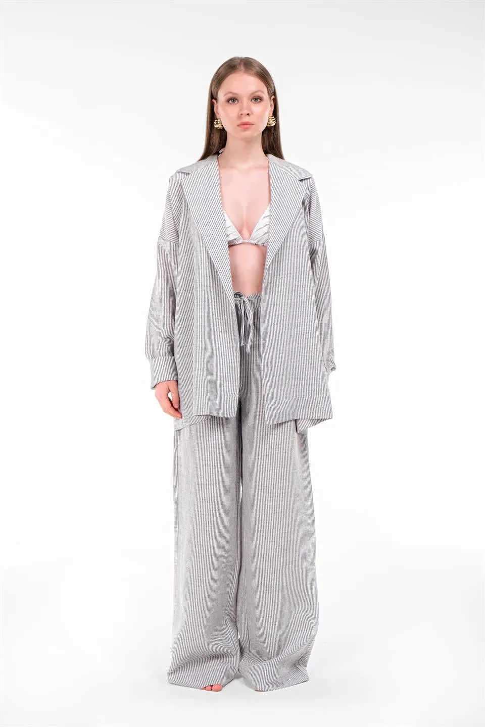 Blue Striped Kimono Model Suit
