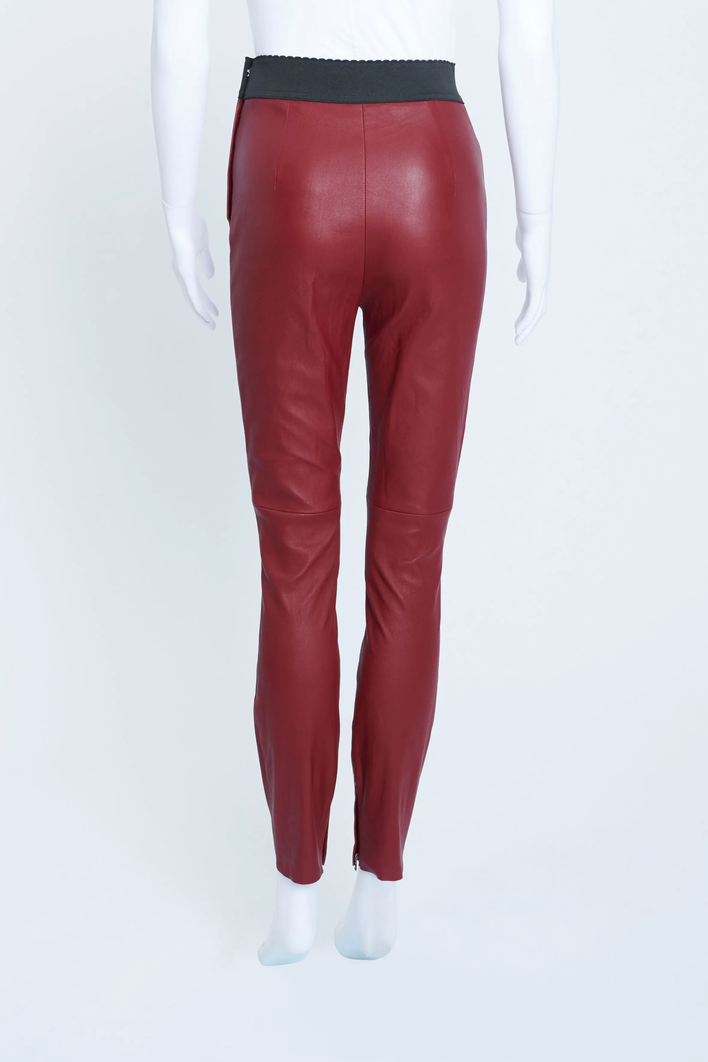 Burgundy Leather Leggings with Black Elastic Waistband