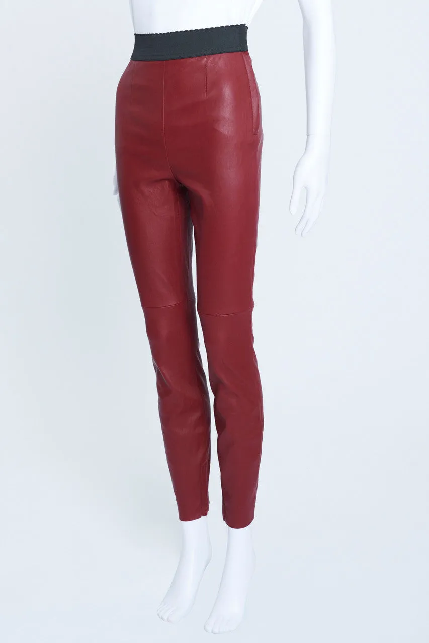 Burgundy Leather Leggings with Black Elastic Waistband