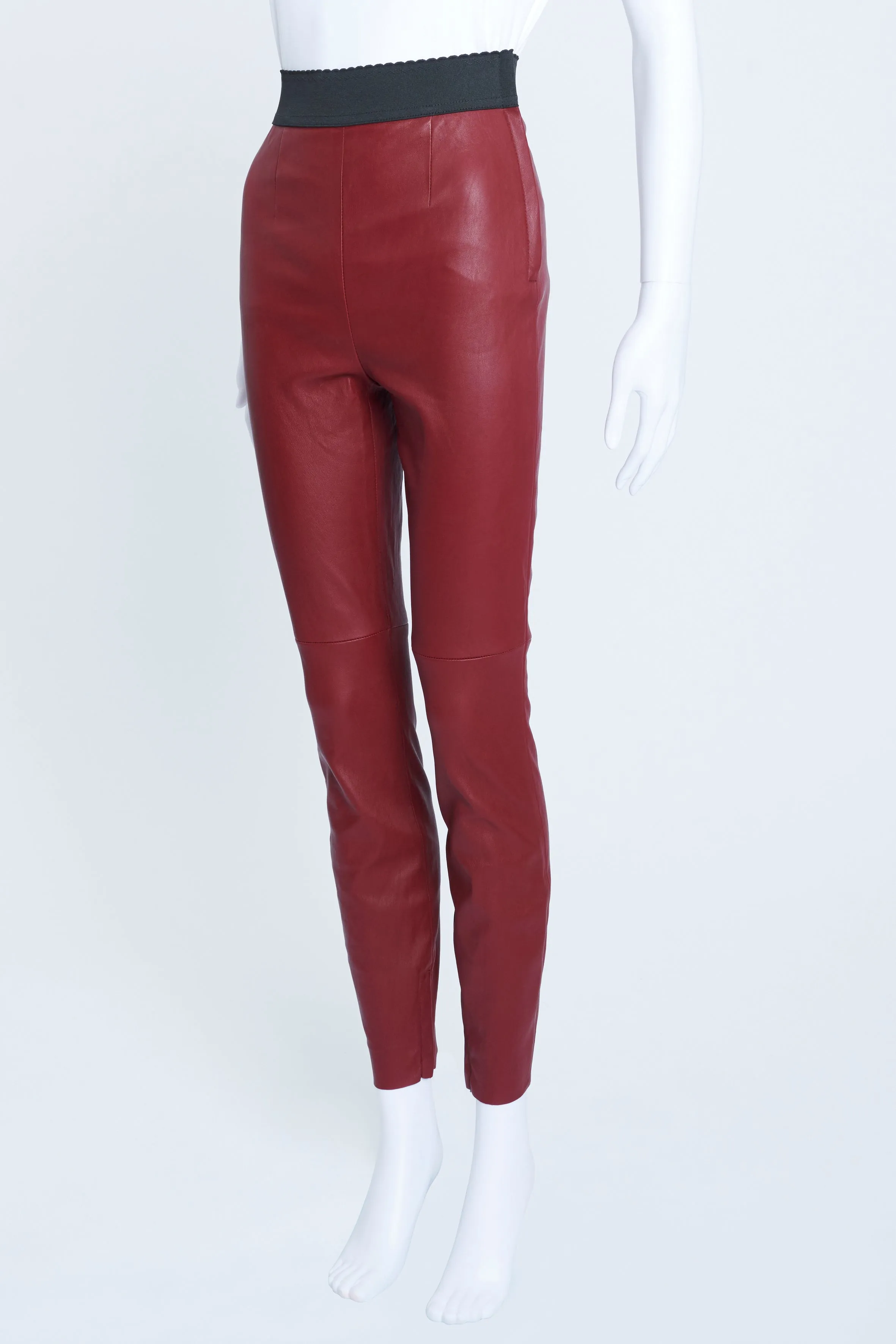 Burgundy Leather Leggings with Black Elastic Waistband