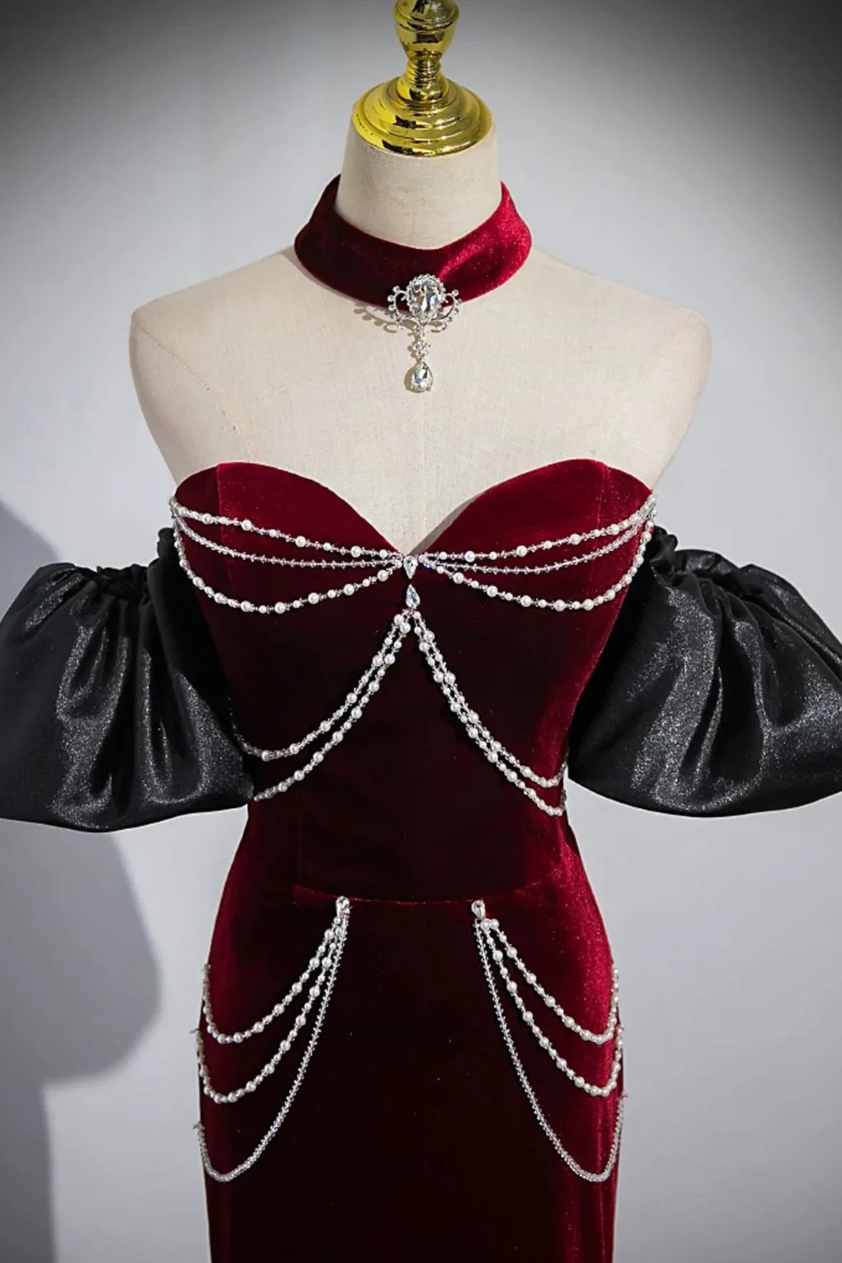 Burgundy Velvet Long Prom Dress, Mermaid Strapless Evening Party Dress