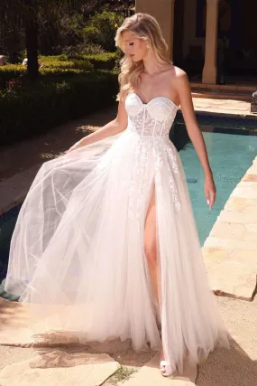CD CB065W - Strapless A Line Wedding Gown with Floral Applique Corset Bodice & Leg Slit