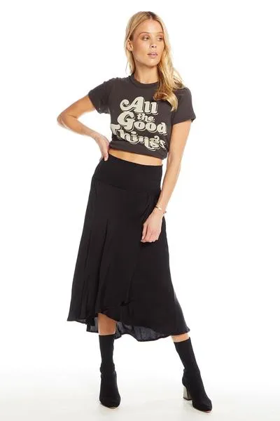 Chaser silky basics smocked waist faux wrap midi skirt