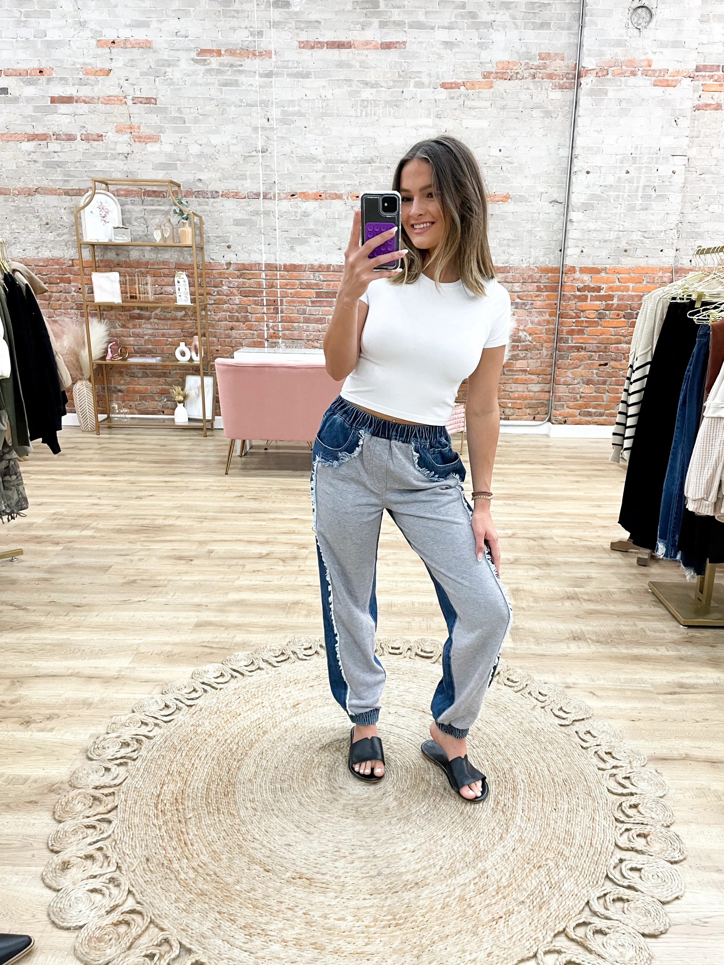 Cozy But Cute Frayed Contrast Denim Joggers