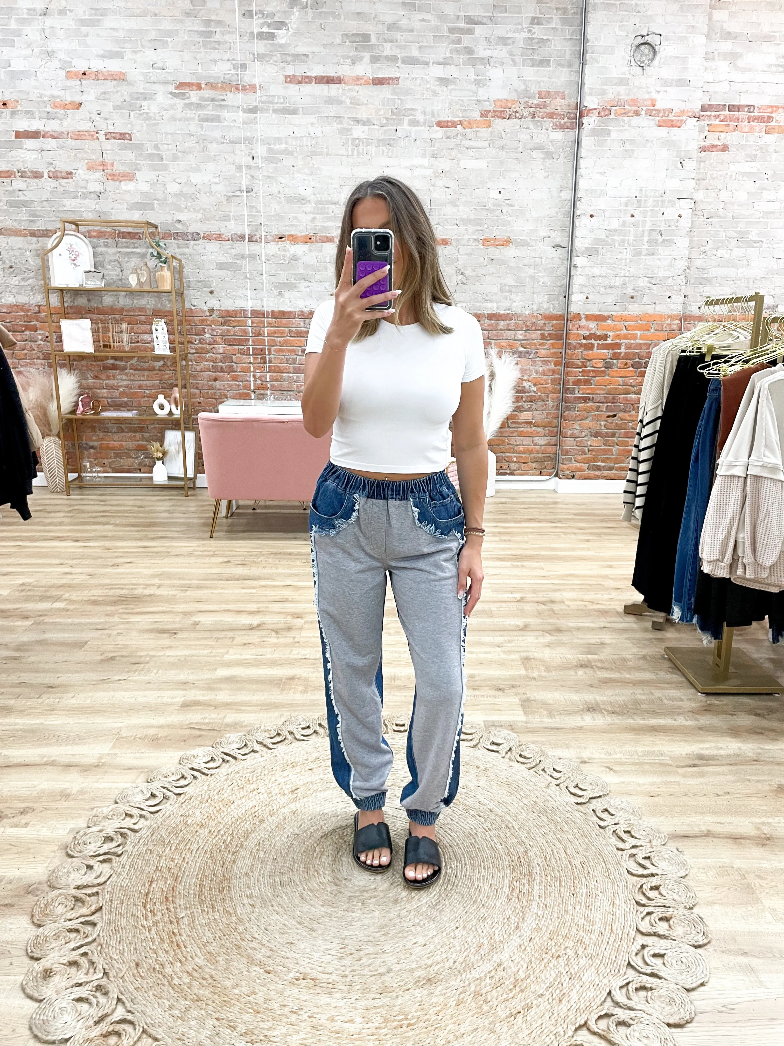 Cozy But Cute Frayed Contrast Denim Joggers
