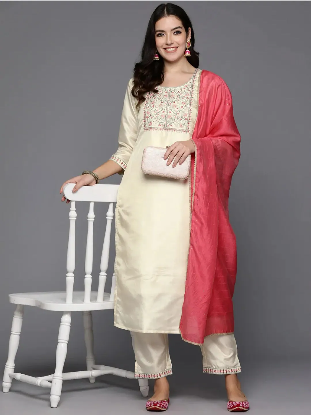 Cream Floral Yoke Design Kurta Set
