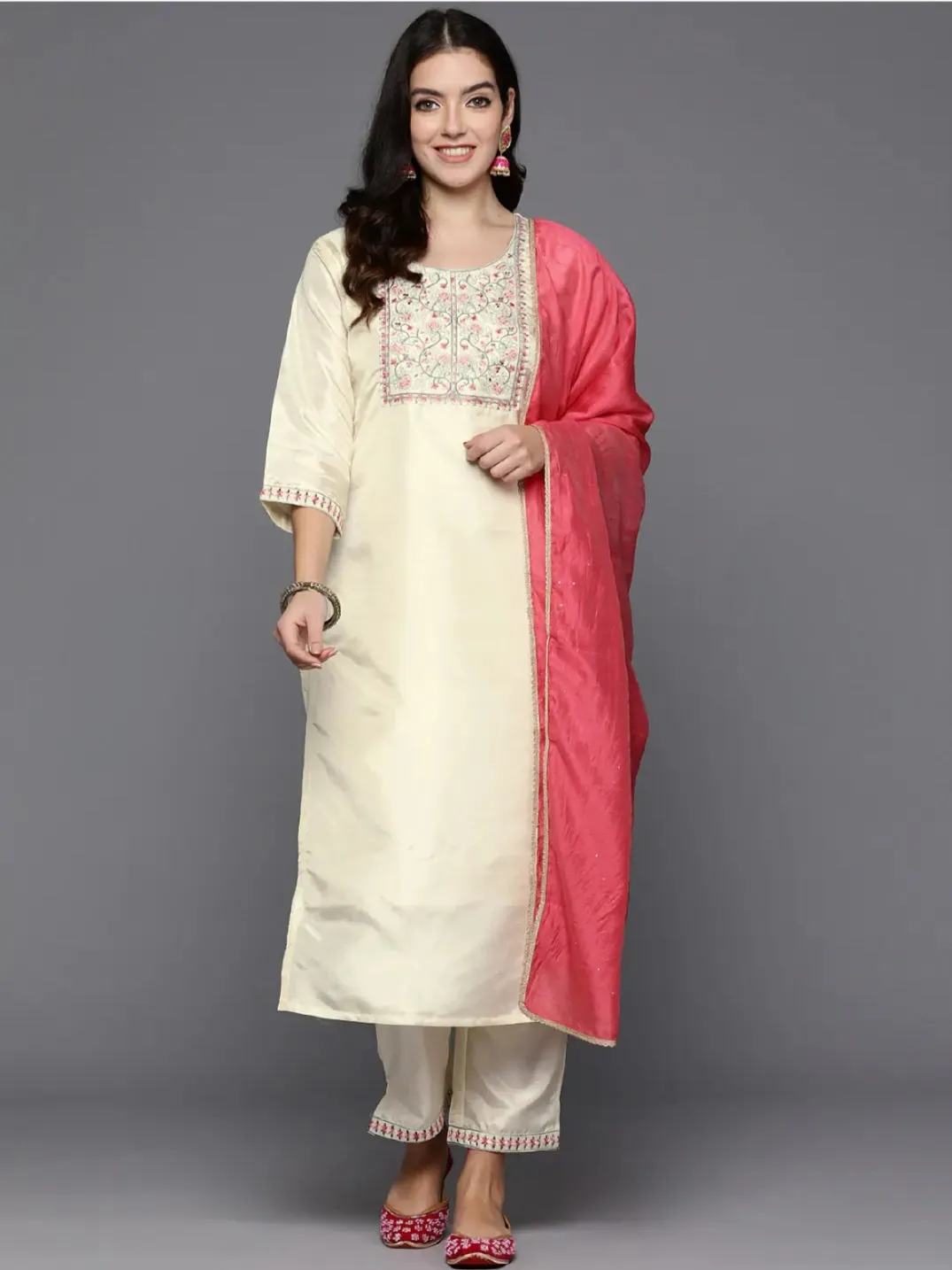 Cream Floral Yoke Design Kurta Set