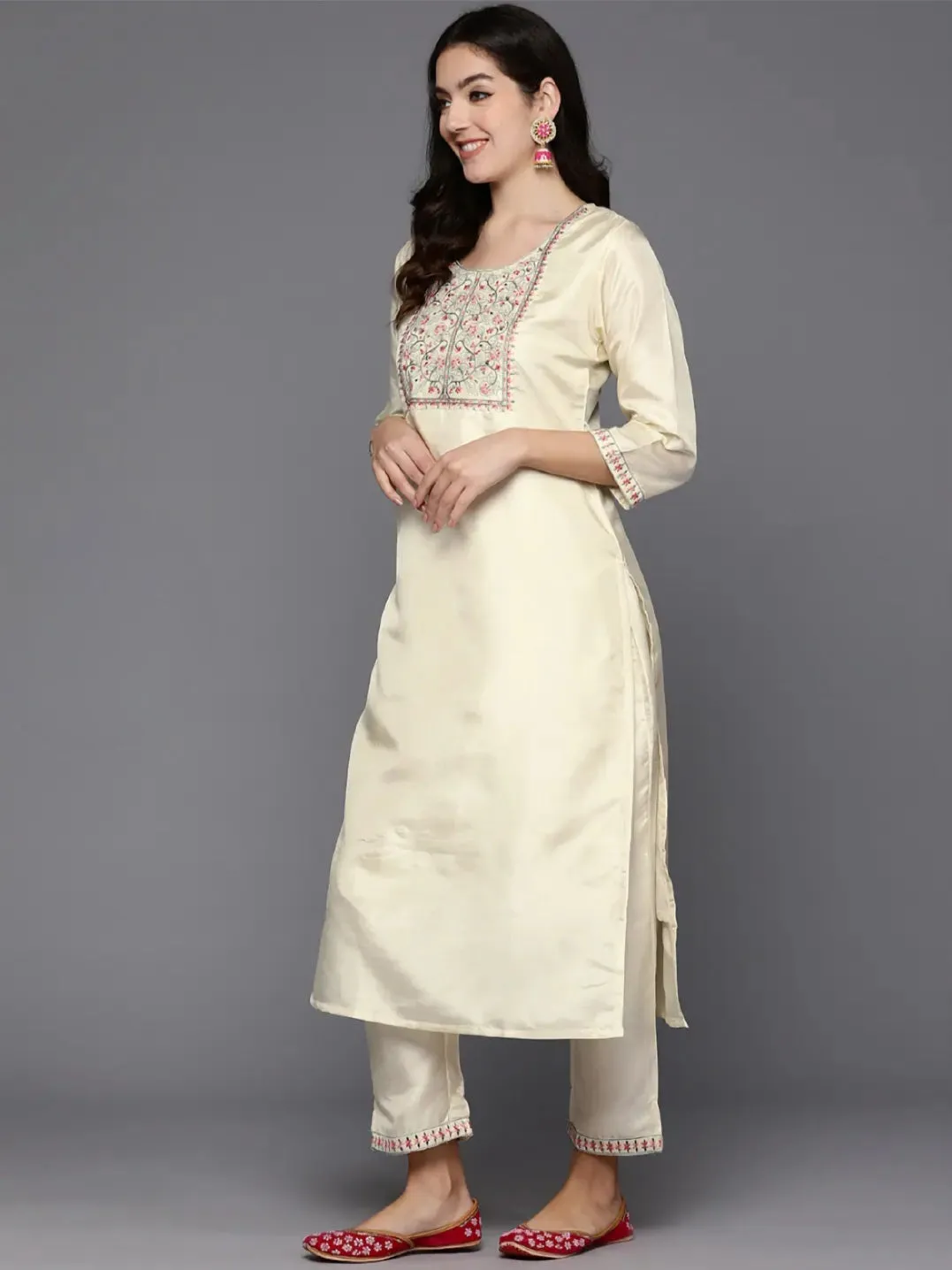 Cream Floral Yoke Design Kurta Set