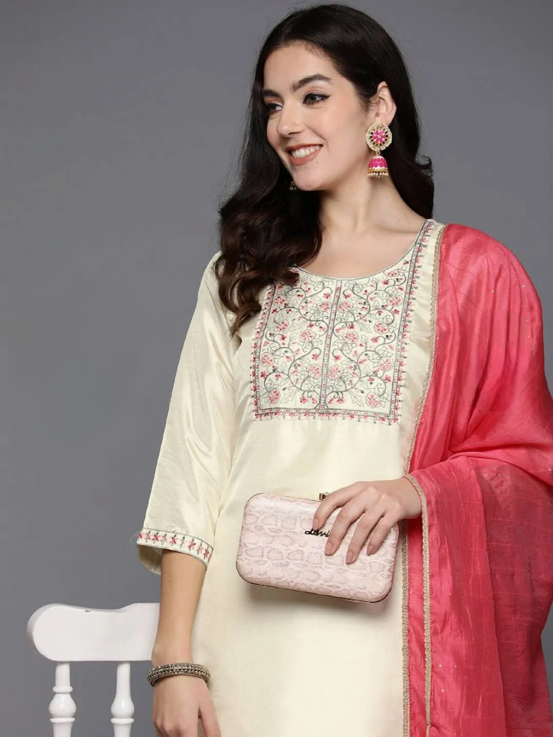 Cream Floral Yoke Design Kurta Set