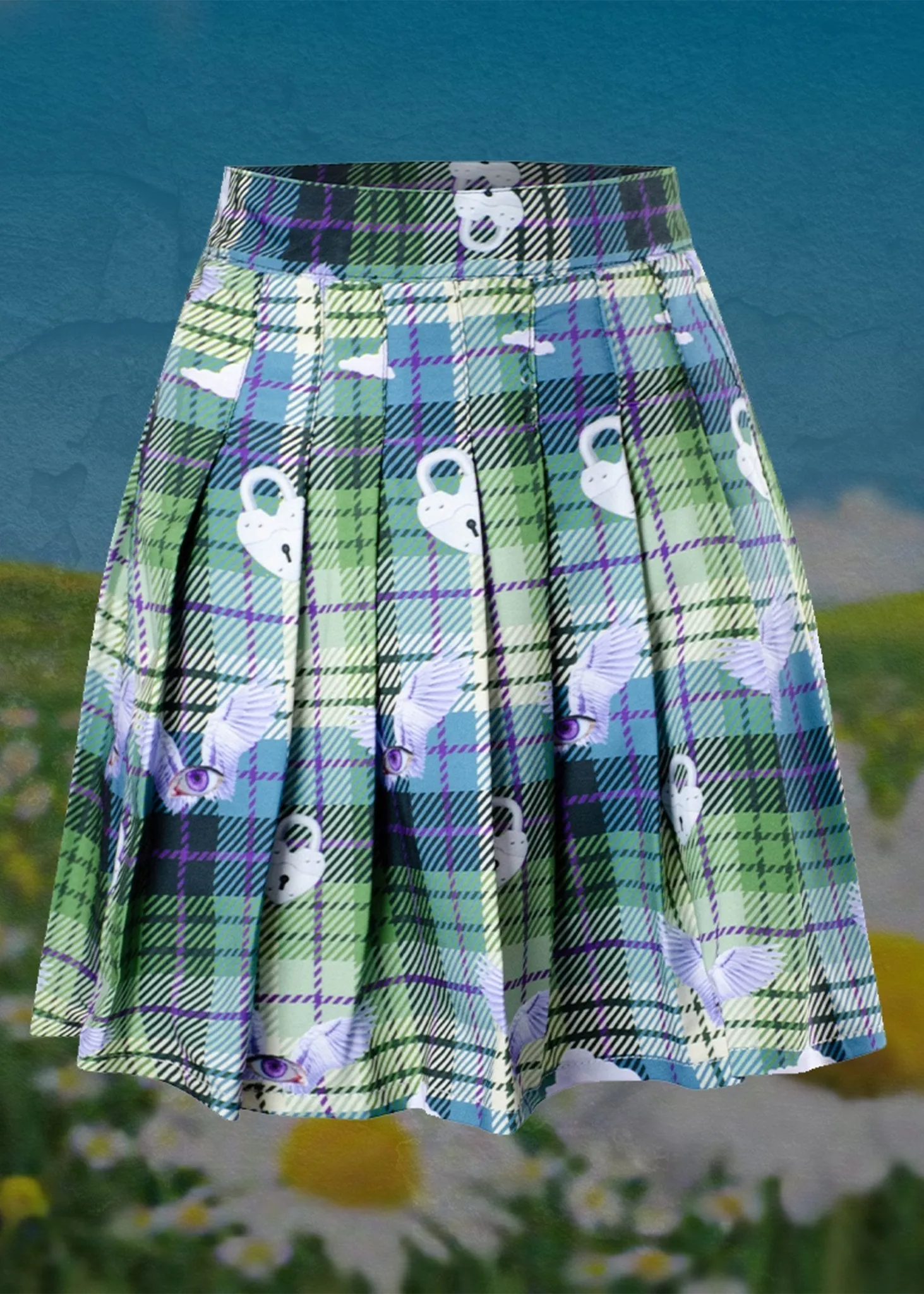 Dreamcore Eye Angel Green Plaid Pleated Skirt