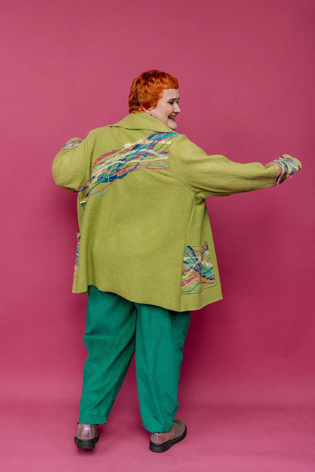 Embellished Short Wool Coat in Lime Green