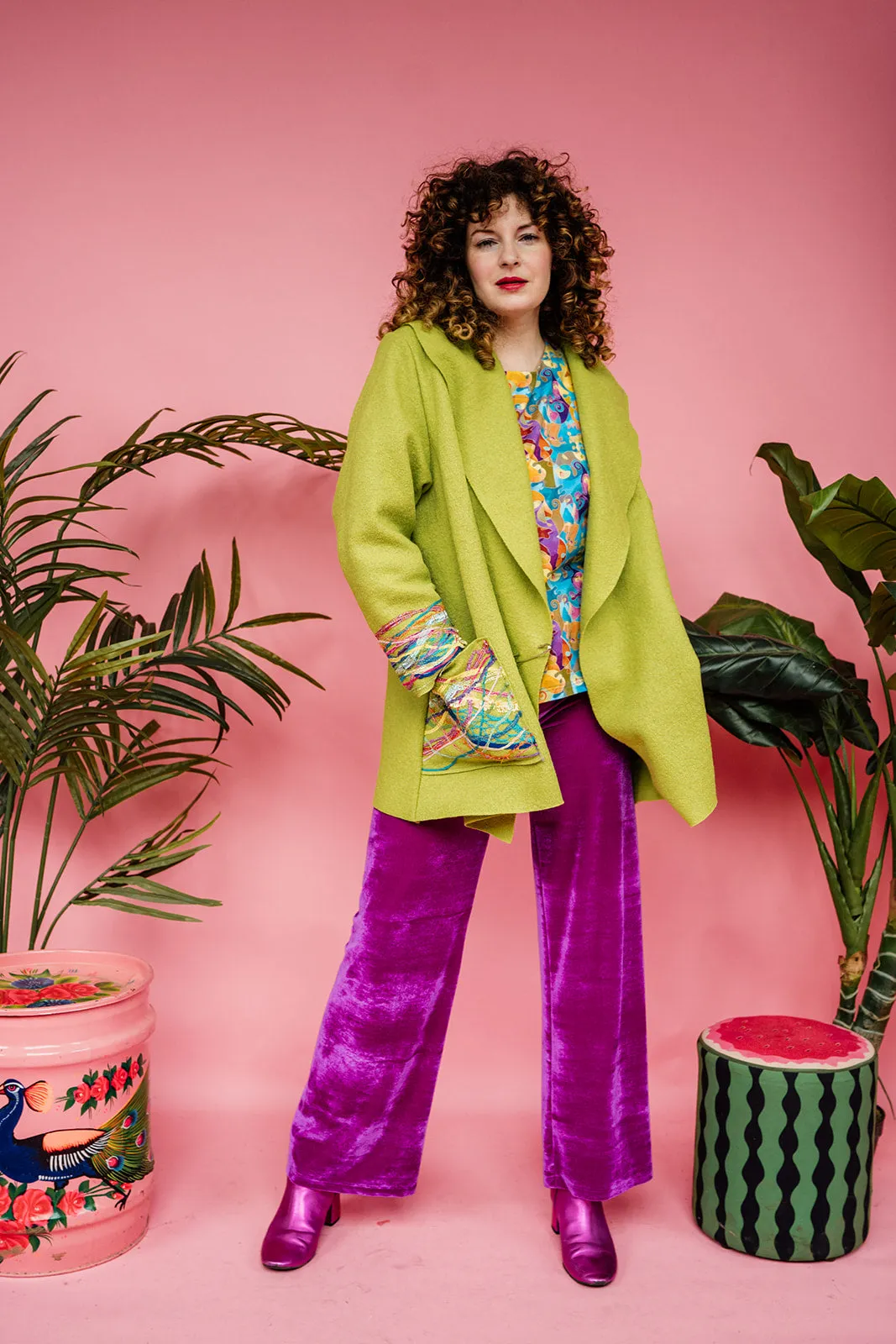 Embellished Short Wool Coat in Lime Green
