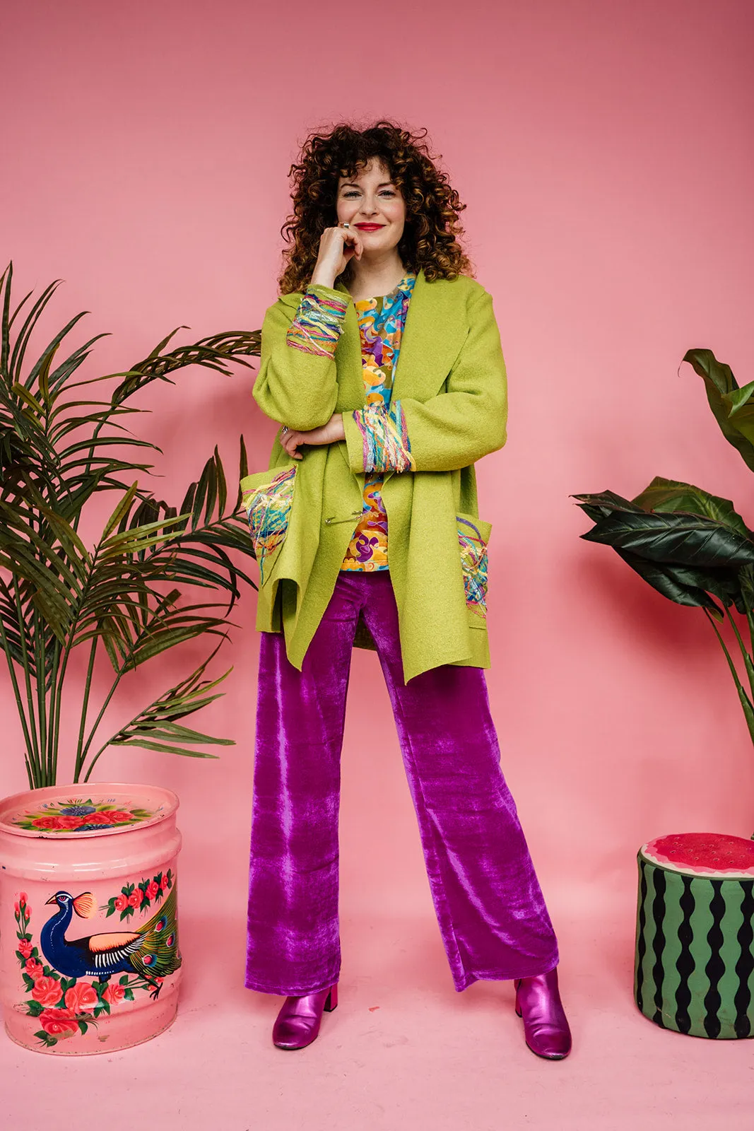 Embellished Short Wool Coat in Lime Green