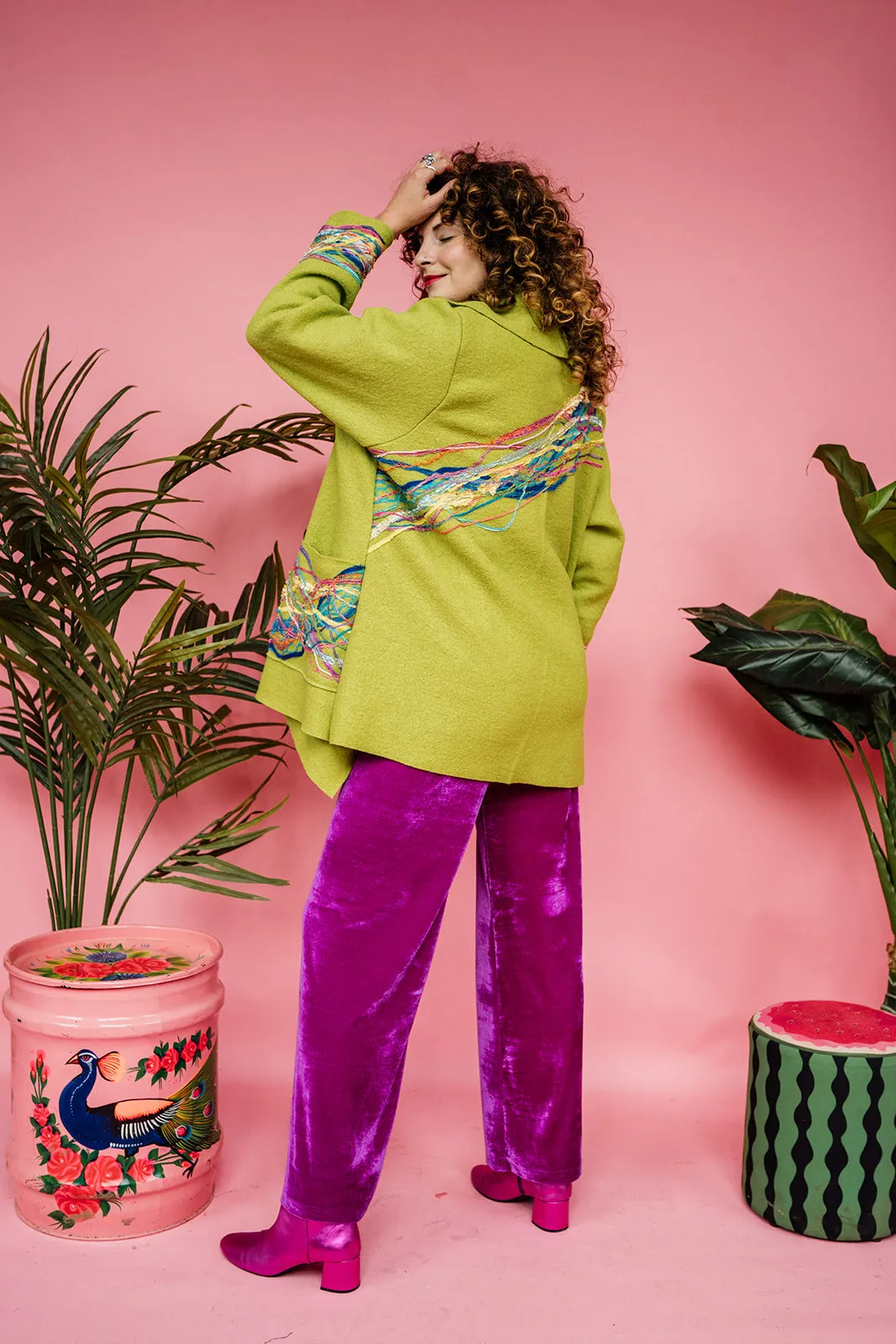 Embellished Short Wool Coat in Lime Green