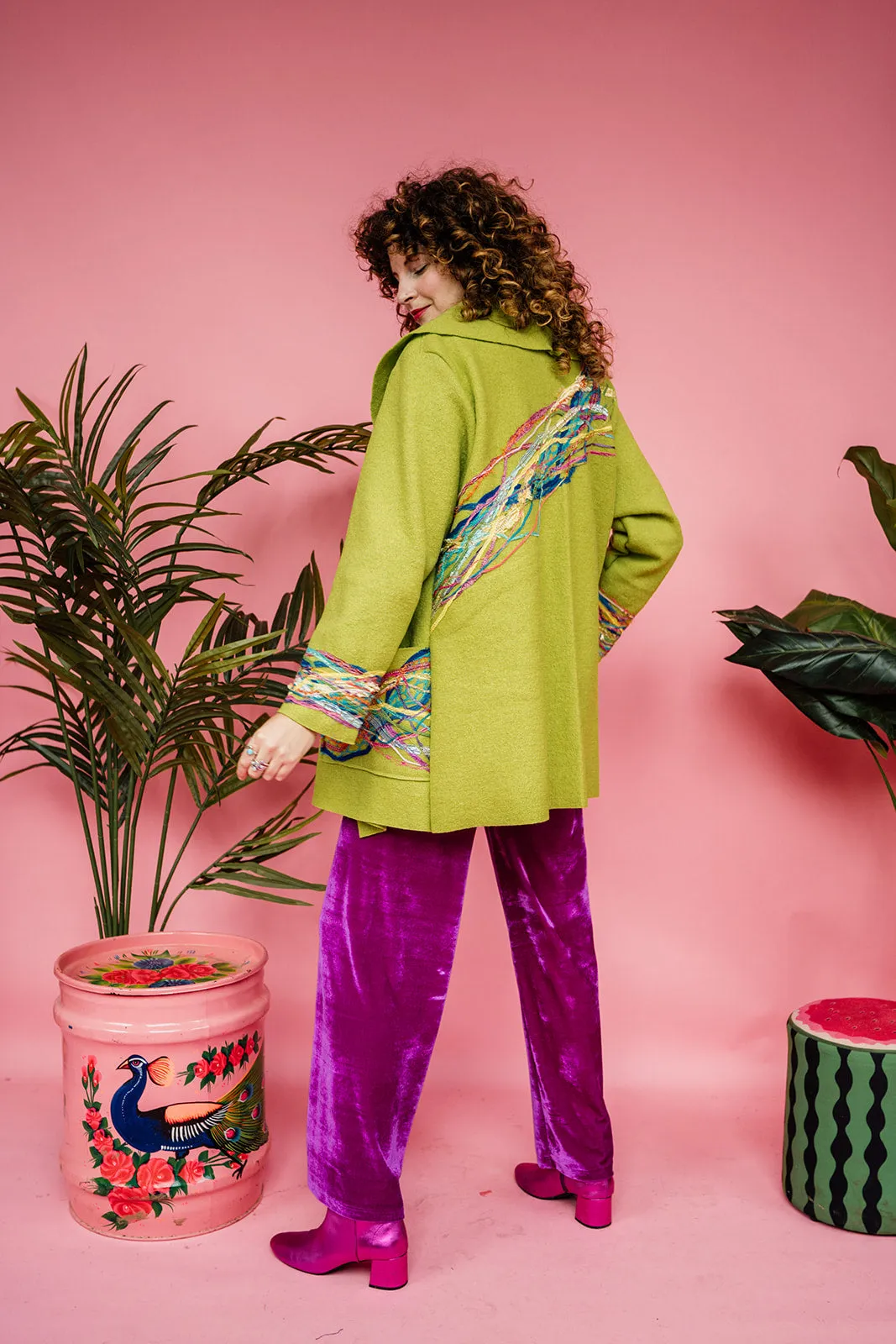 Embellished Short Wool Coat in Lime Green