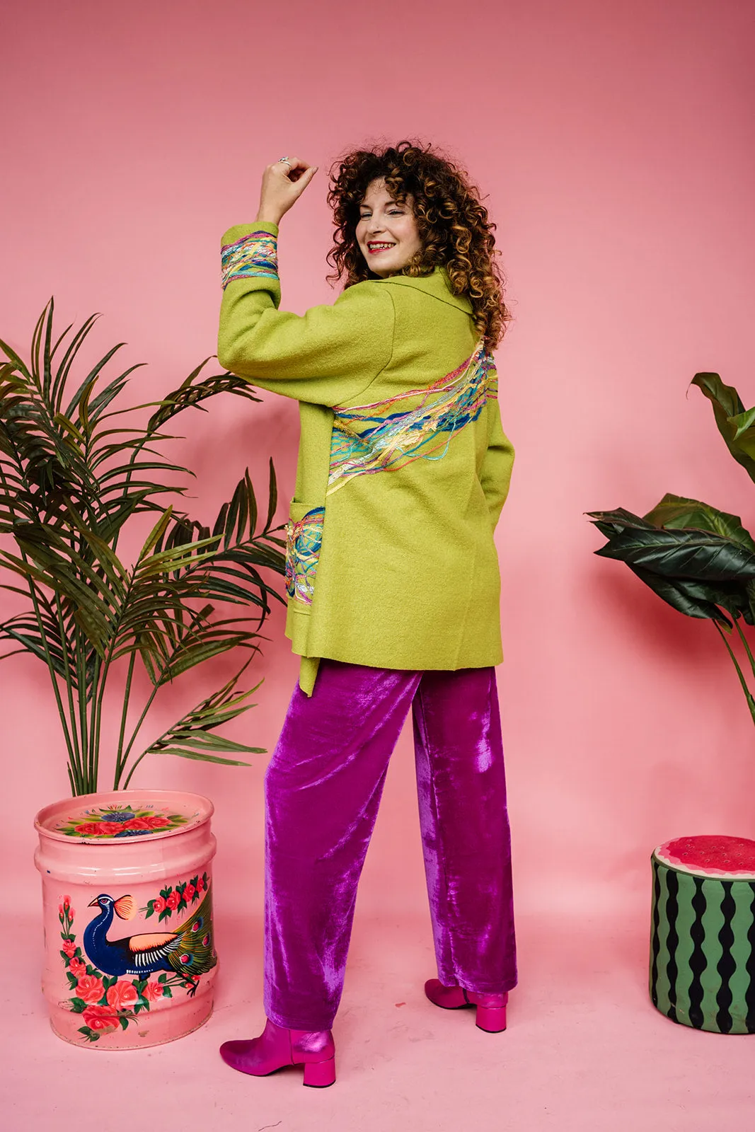 Embellished Short Wool Coat in Lime Green