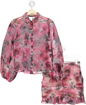 Fanco Pink Floral Sheer Blouse and Skirt Set UK S