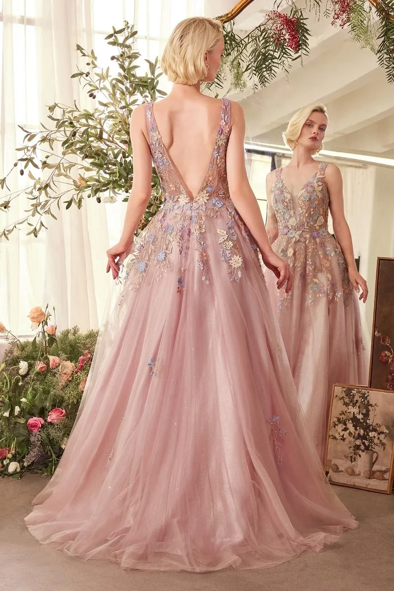 FLORAL APPLIQUE A-LINE LAYERED TULLE GOWN