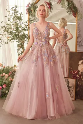 FLORAL APPLIQUE A-LINE LAYERED TULLE GOWN