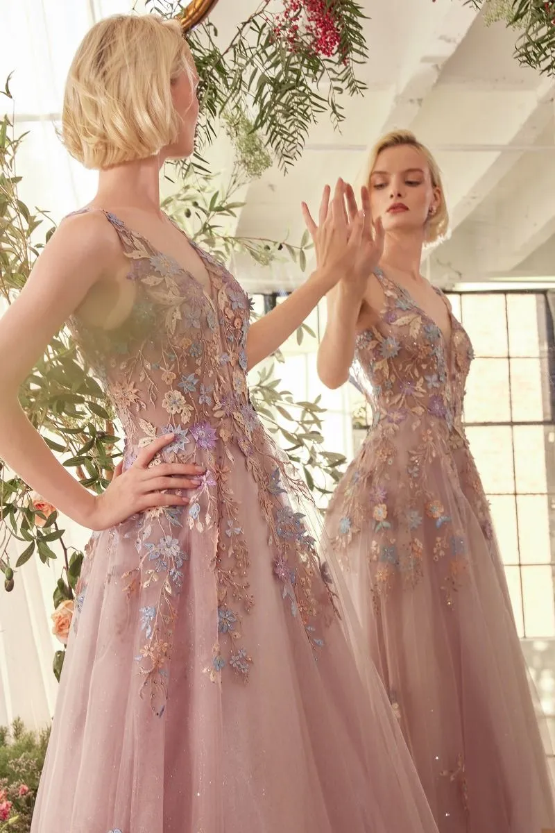 FLORAL APPLIQUE A-LINE LAYERED TULLE GOWN