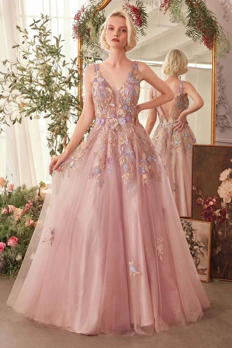 FLORAL APPLIQUE A-LINE LAYERED TULLE GOWN